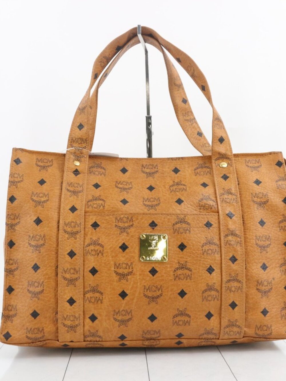 MCM Cognac Brown Monogram Canvas Tote with Gold Plaque